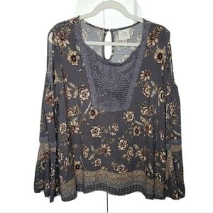 Knox Rose Boho Cold Shoulder Bell Sleeve Lace Insert Top 2XL